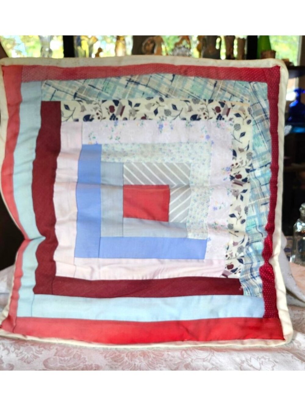 Vintage Quilted Log Cabin Design Pillow 15" Handmade Patchwork Multi-Color